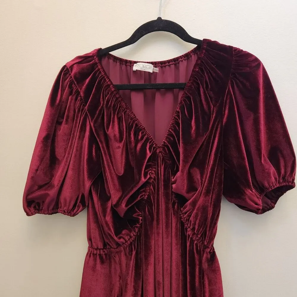 Georgie Red Velvet Mini Dress Puffed Sleeve Romantic Valentines Date Night Vamp - Picture 4 of 11